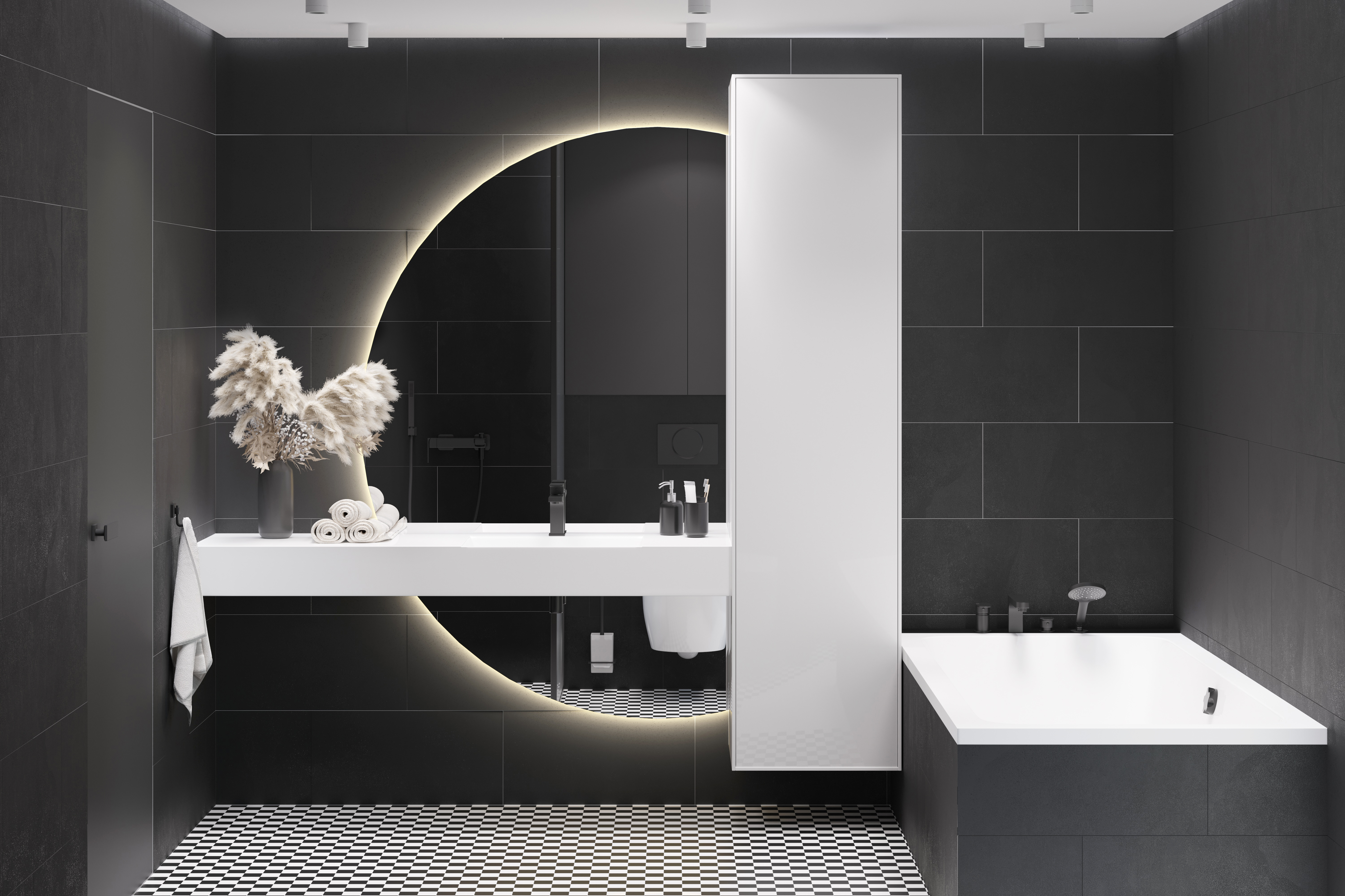 Black,And,White,Bathroom,With,Large,Illuminated,Round,Mirror,,Pampas